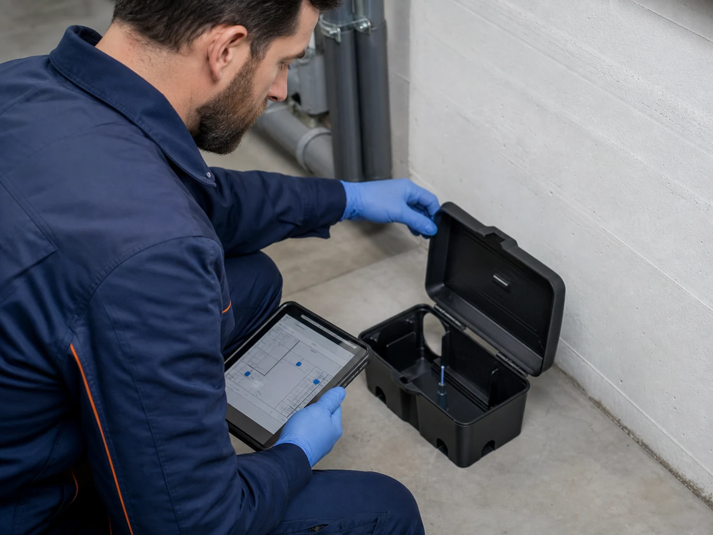 Schädlingsbekämpfer dokumentiert eine Köderstation digital mit dem Tablet